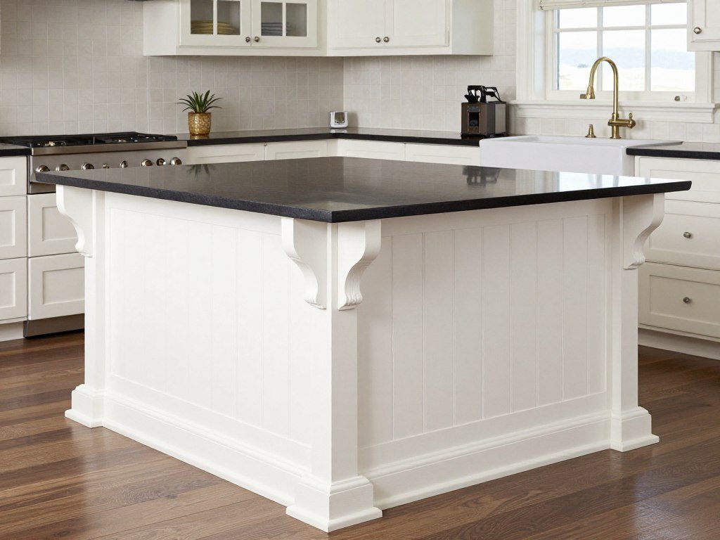 White beadboard kitchen island with cottage style details
