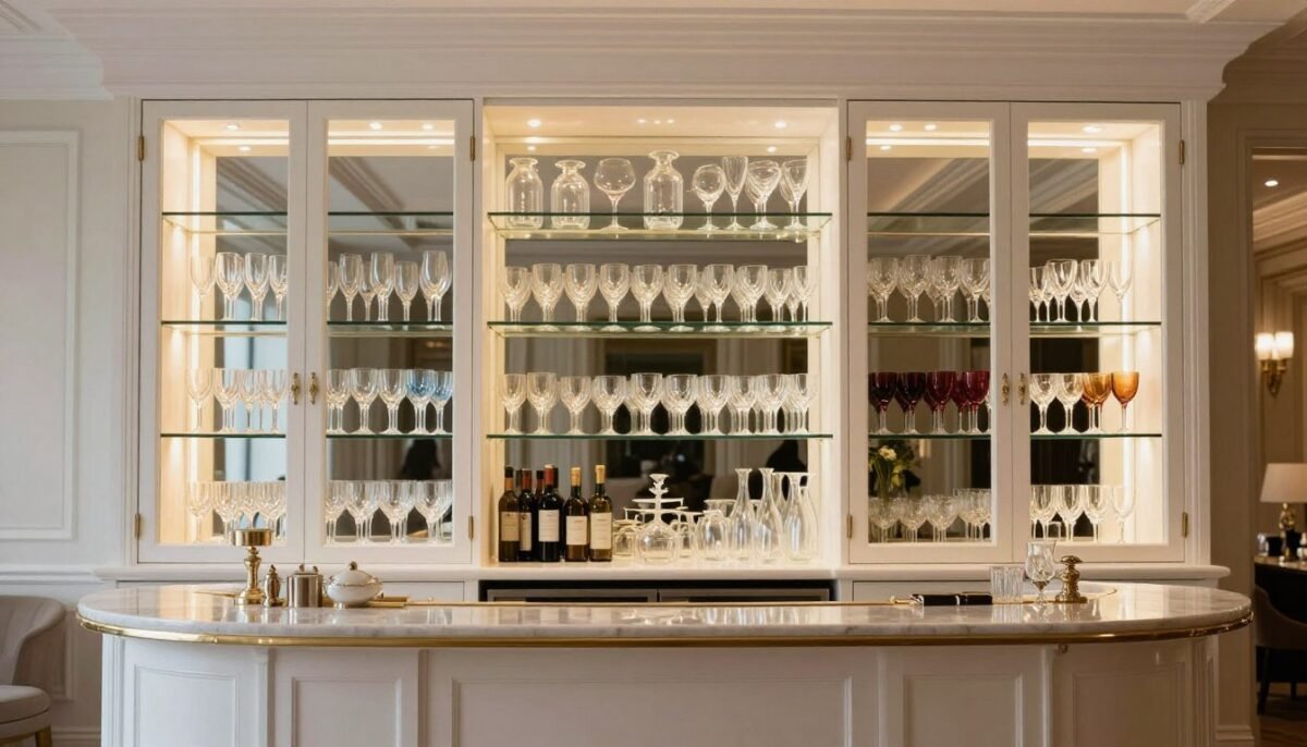 White cabinets with glass front doors displaying glassware