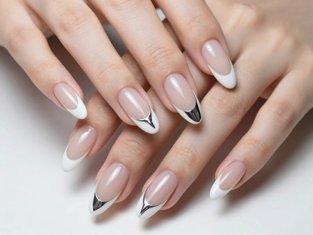 White chrome French tip June nails with metallic finish