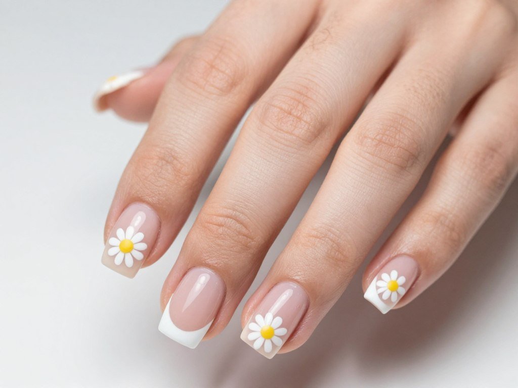 White daisies painted on French manicure tips