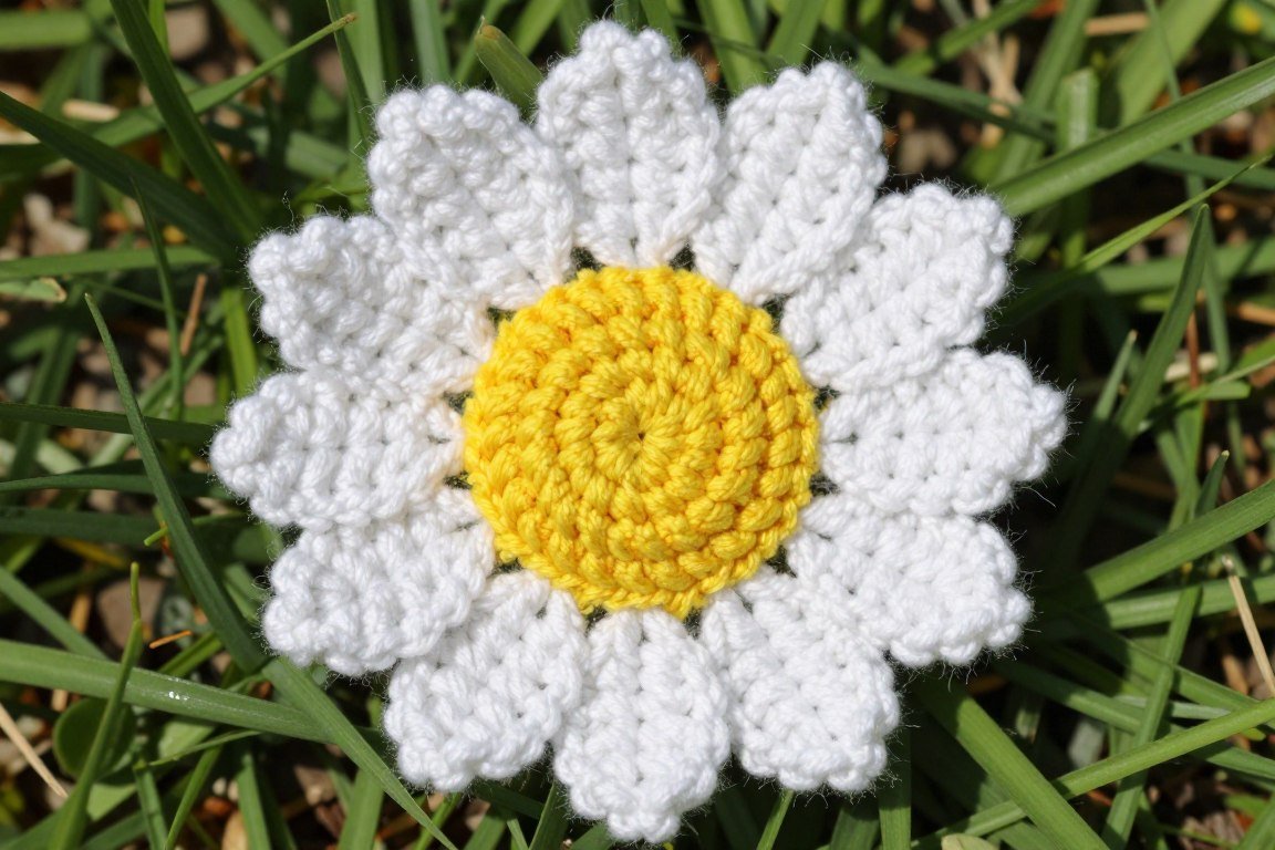 White daisy crochet flower with bright yellow center on green background