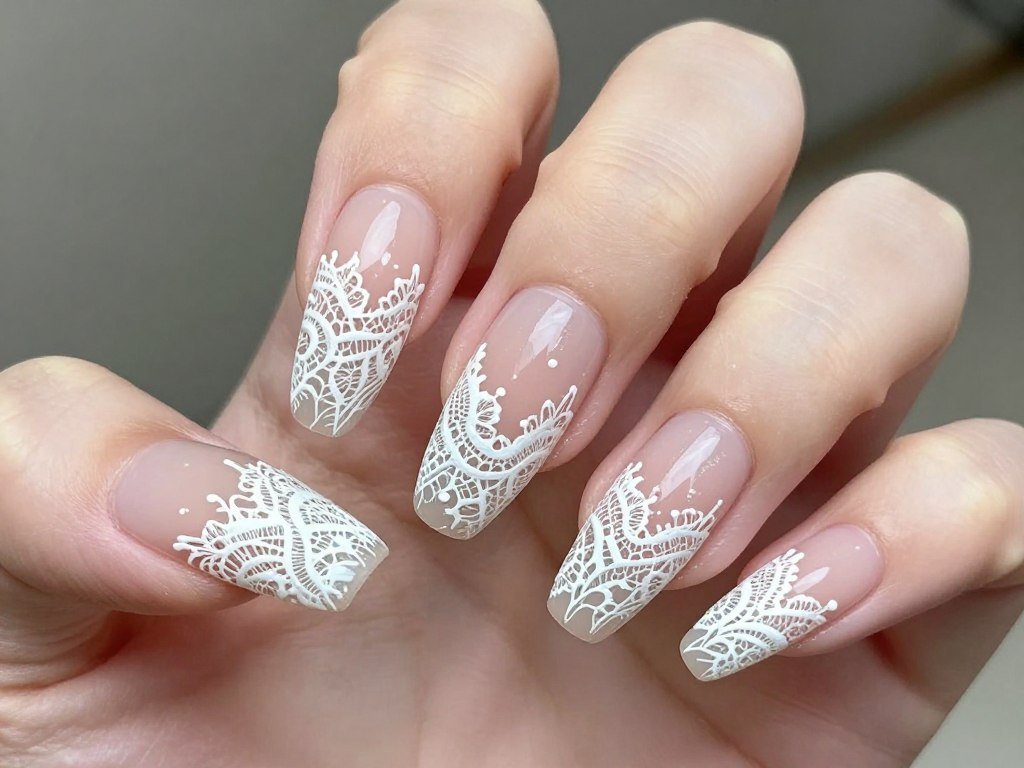 White lace pattern nail art design