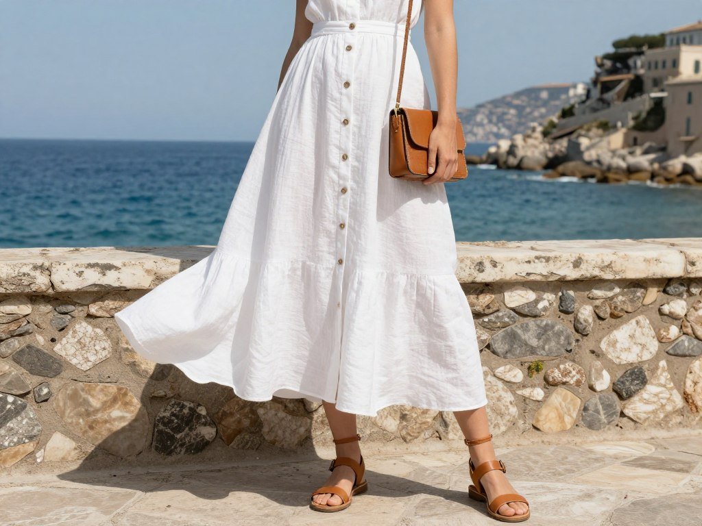 White linen midi dress with leather sandals Italian style