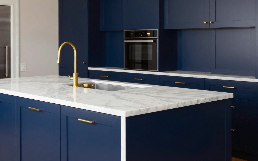White marble waterfall countertop with navy blue cabinets