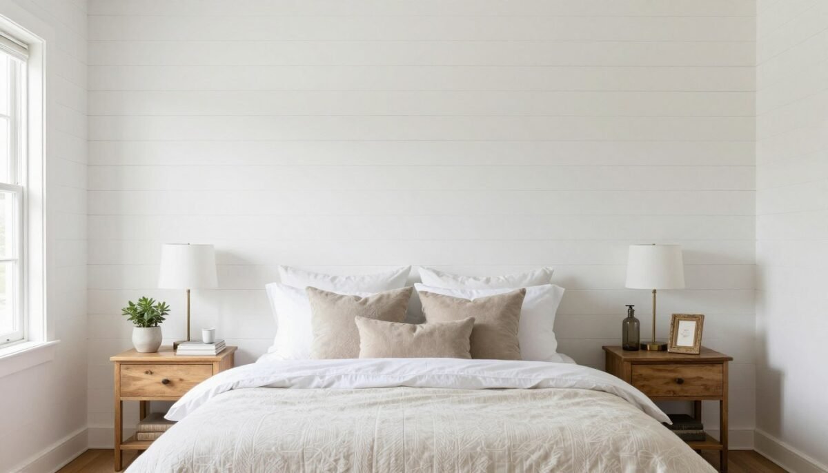 White painted shiplap wall headboard covering full bedroom wall in modern farmhouse style room