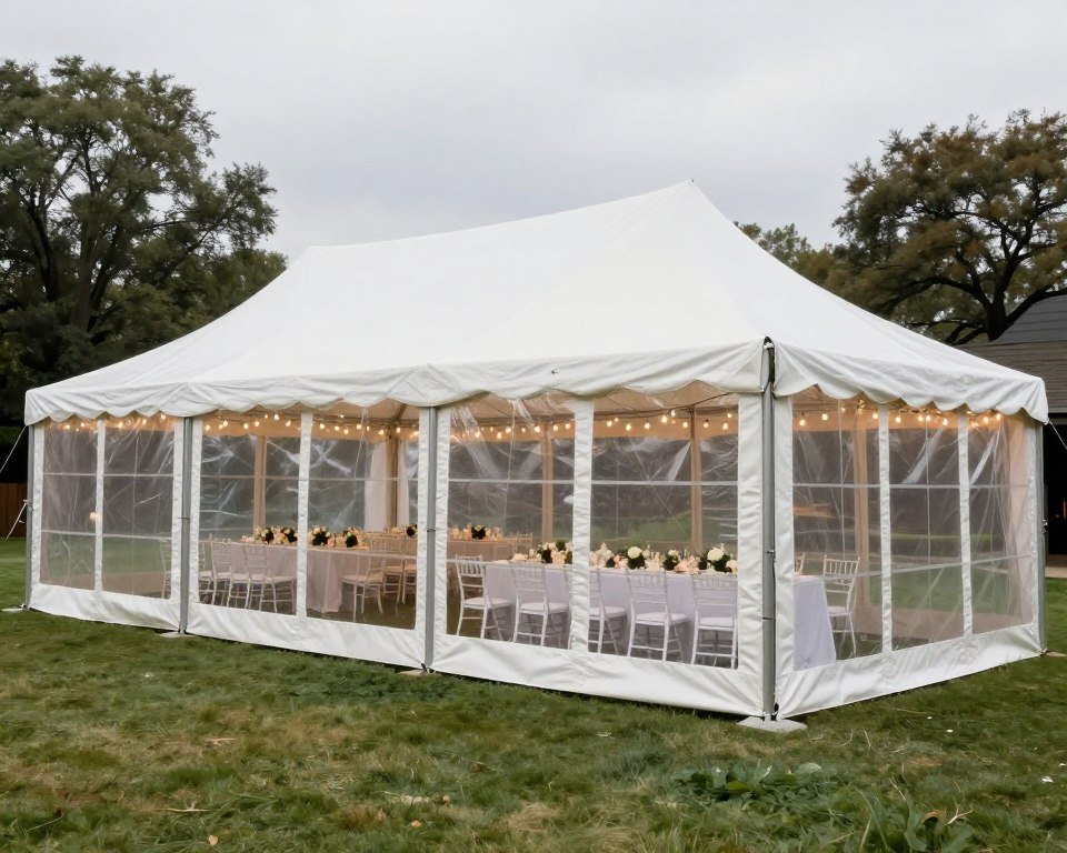 White tent and umbrellas as backup plan for outdoor backyard wedding
