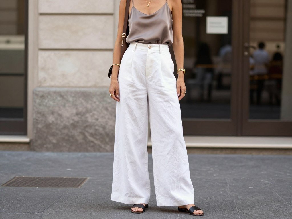 Wide-leg linen pants with silk camisole outfit