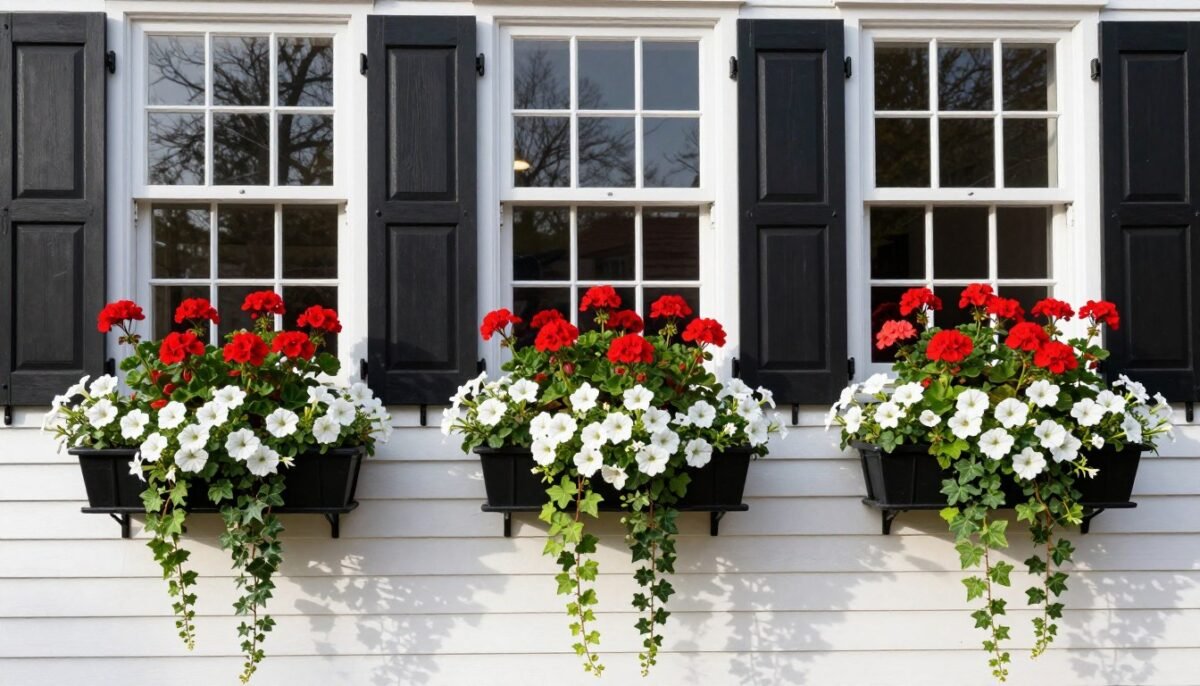 Window boxes filled with colorful flowers beneath home windows