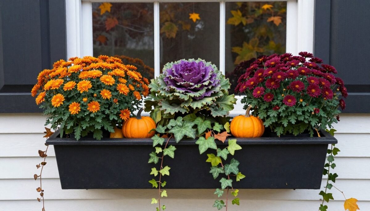 Window boxes showing seasonal fall planting