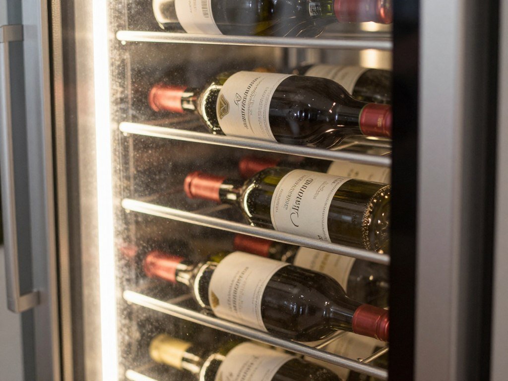 Wine fridge glass door with interior LED lighting displaying bottles
