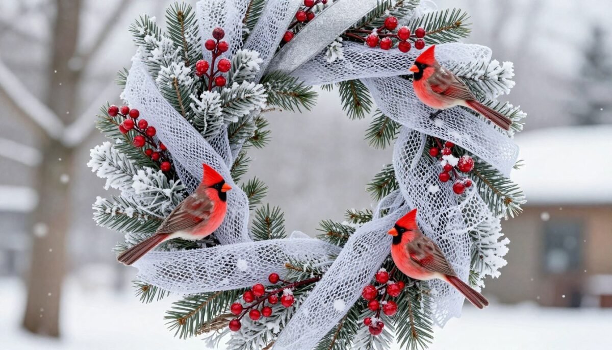 Winter cardinal wreath with white mesh and red birds