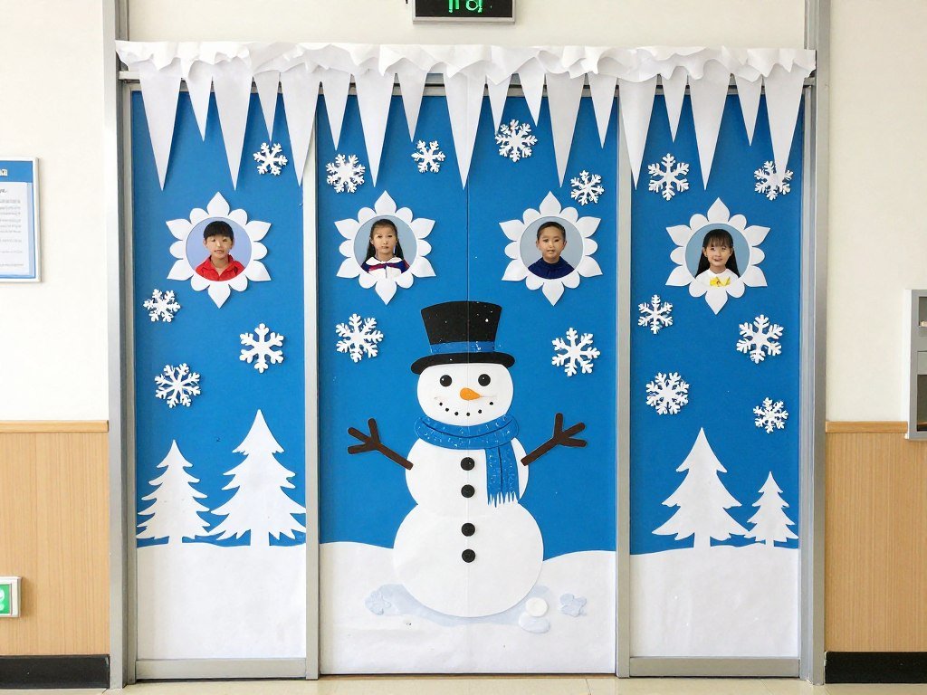 Winter wonderland classroom door with snowflakes and student photos
