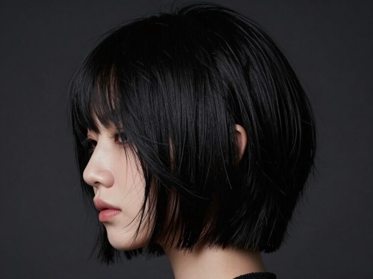 Witchy choppy midnight bob haircut with textured layers and dark color