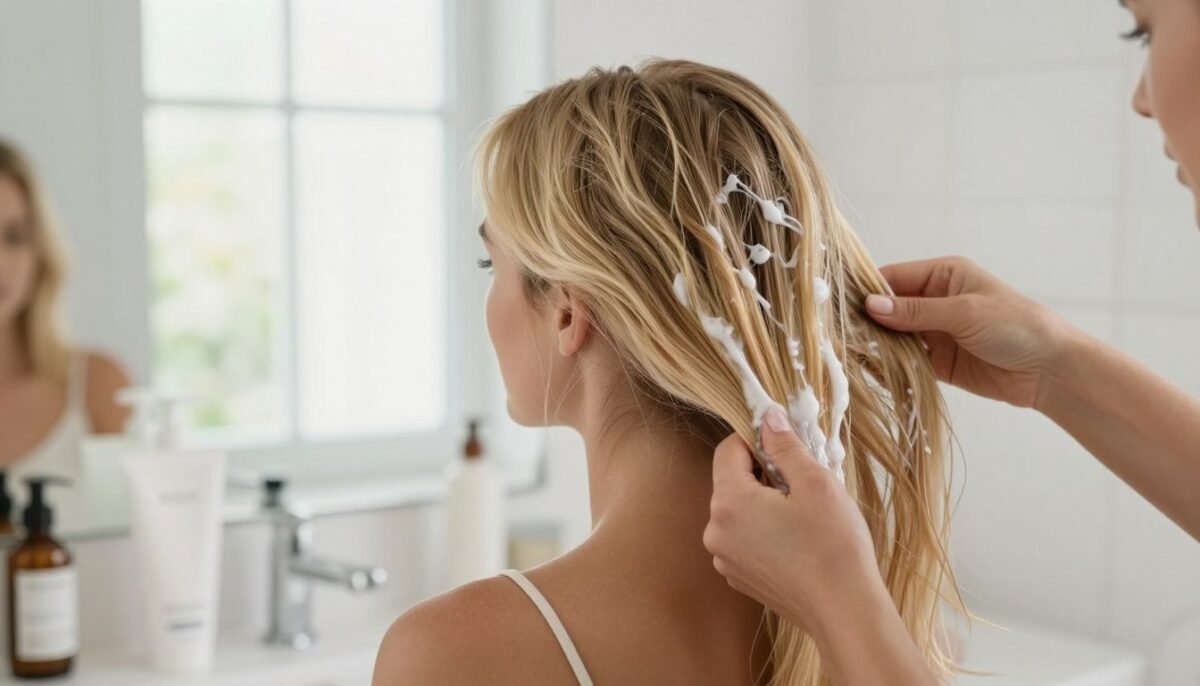 Woman applying deep conditioning treatment to fine hair