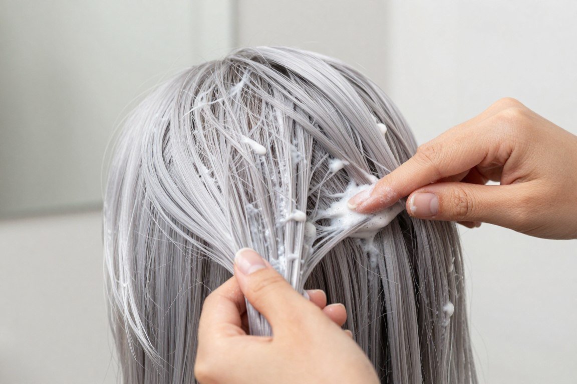 Woman applying deep conditioning treatment to gray hair