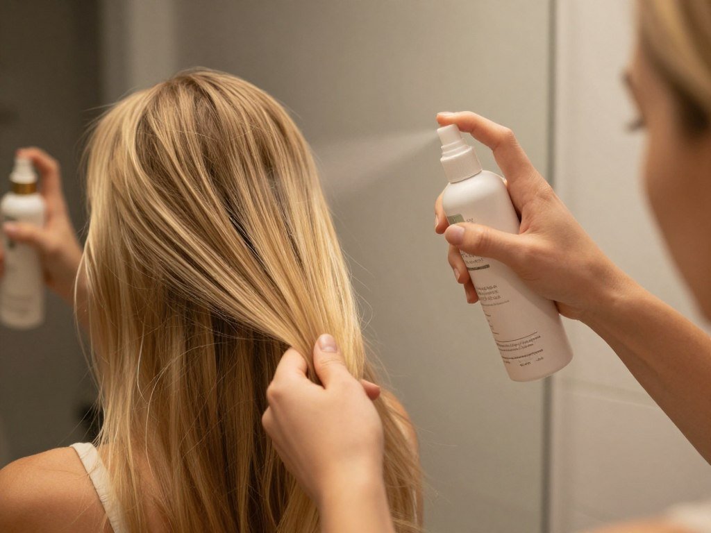 Woman applying leave-in conditioner to fine hair before sleep
