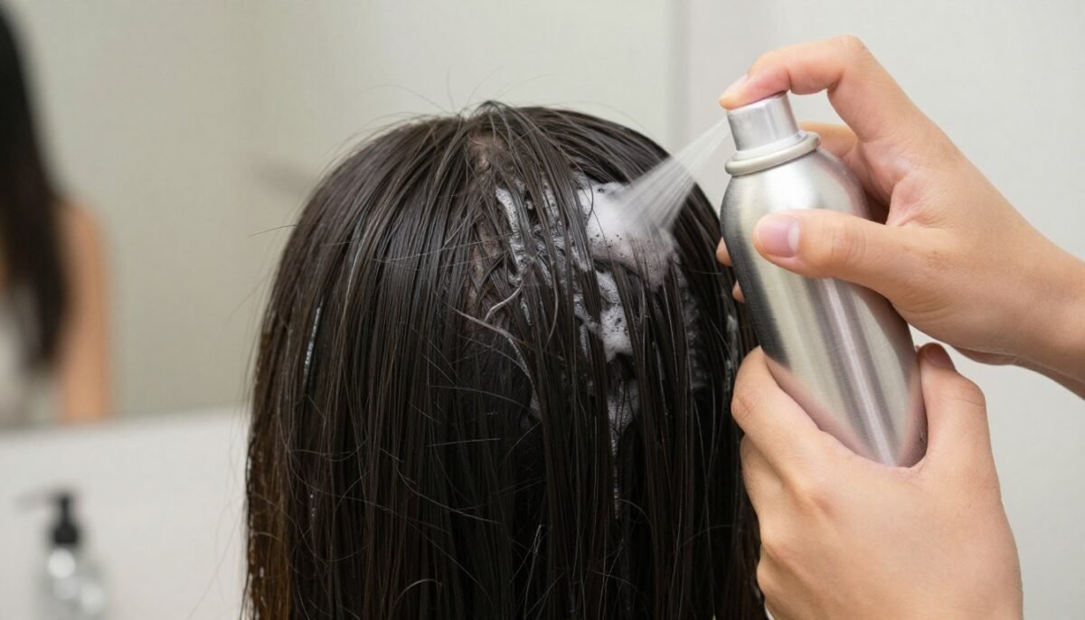 Woman applying volumizing mousse to thin hair roots