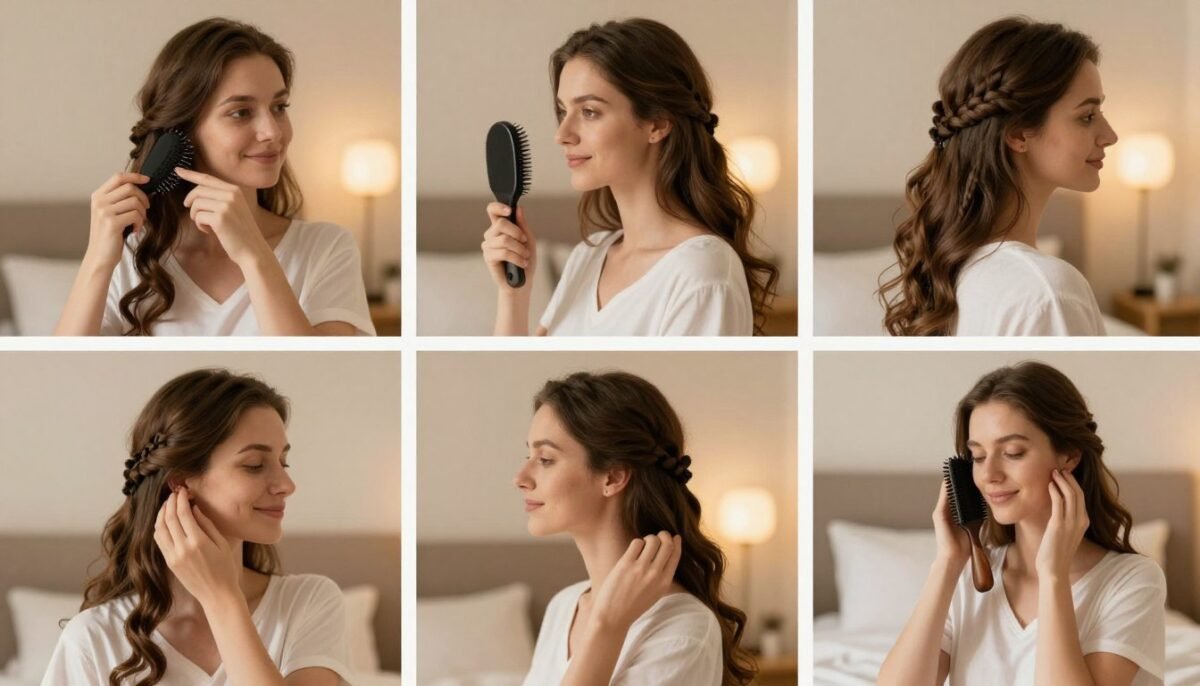 Woman following complete nighttime hair care routine