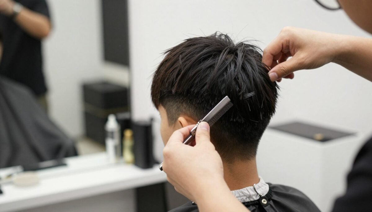 Woman getting pixie haircut trimmed at salon