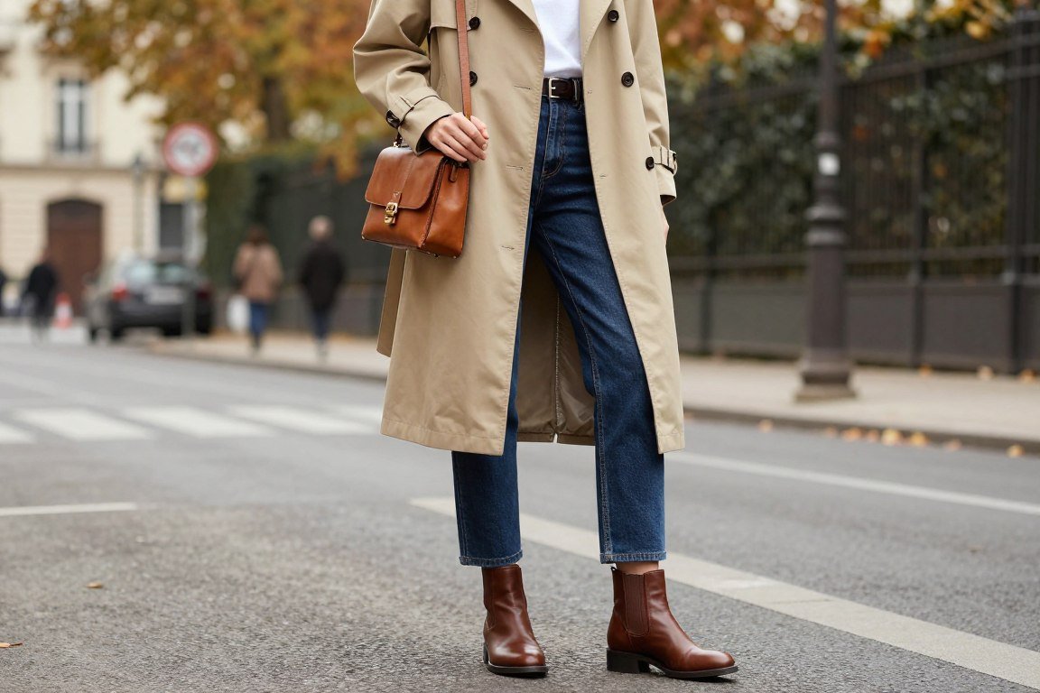 Woman wearing beige trench coat over dark jeans for Italian fall fashion