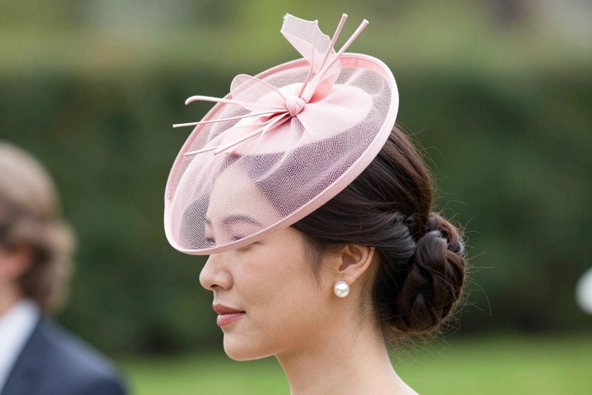 Woman wearing derby fascinator showing proper angle and styling