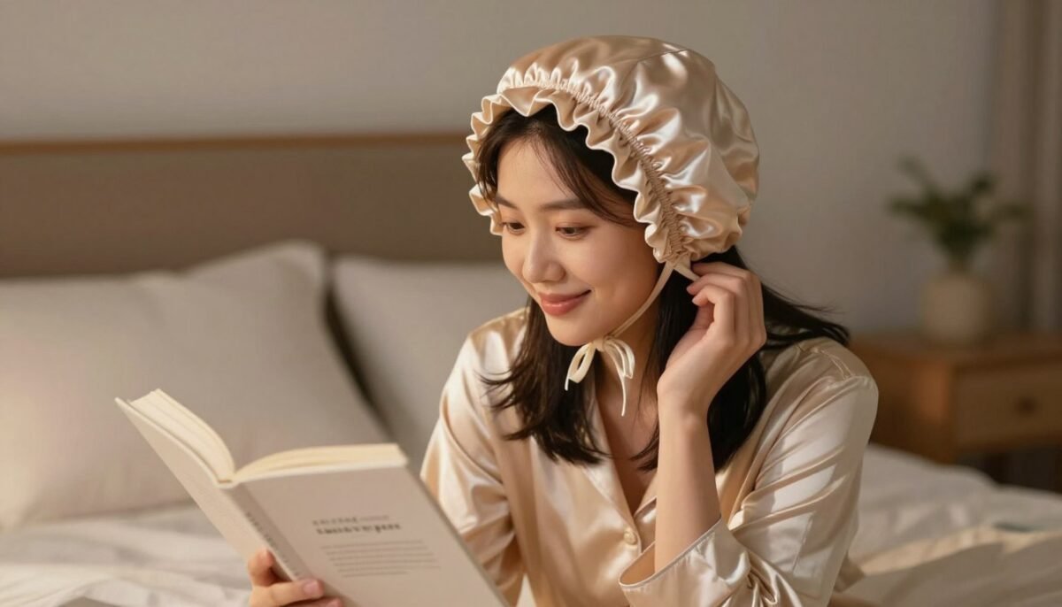 Woman wearing silk bonnet for complete nighttime hair protection