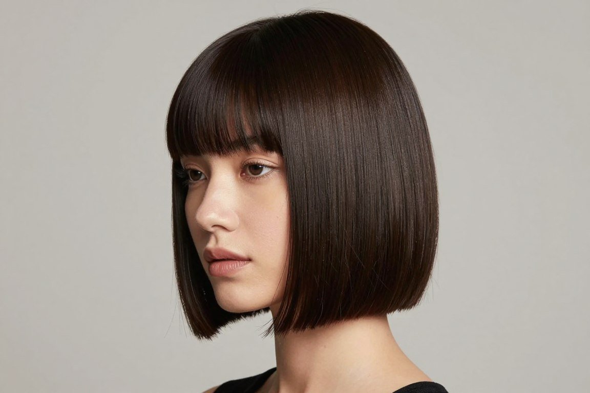 Woman with classic blunt bob haircut styled for thin hair showing clean lines