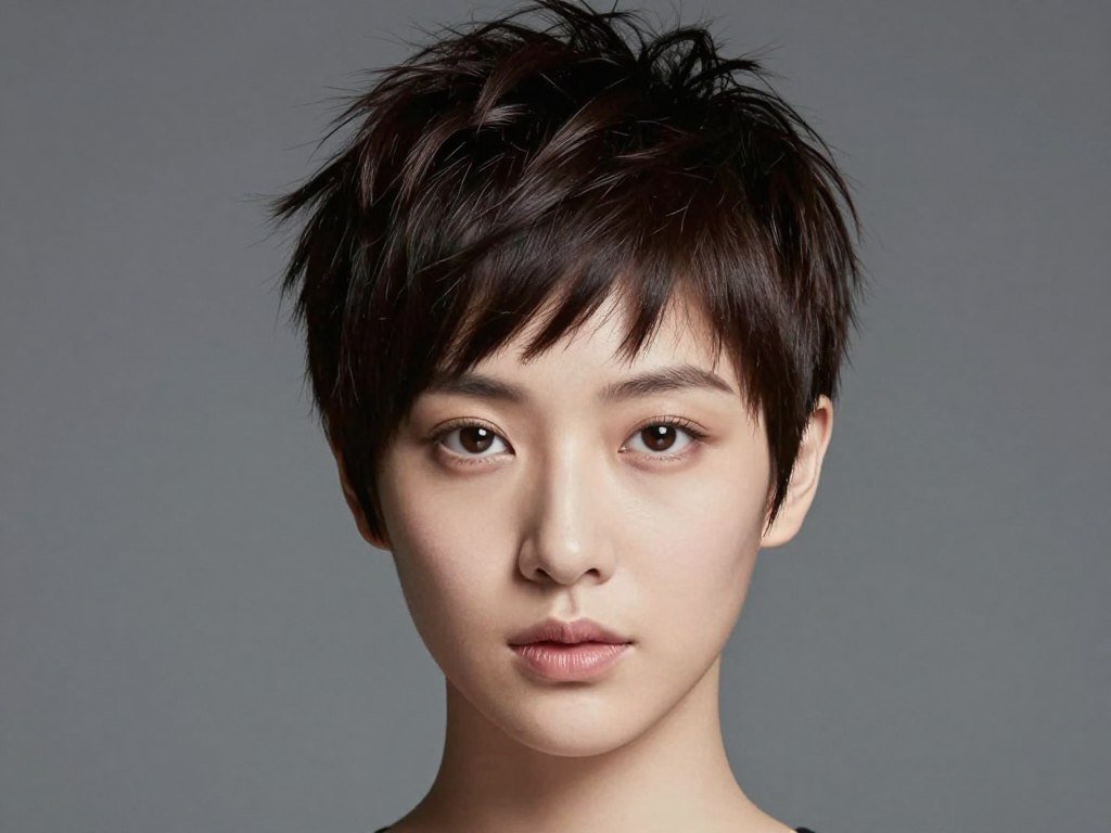 Woman with diamond face wearing textured pixie with movement