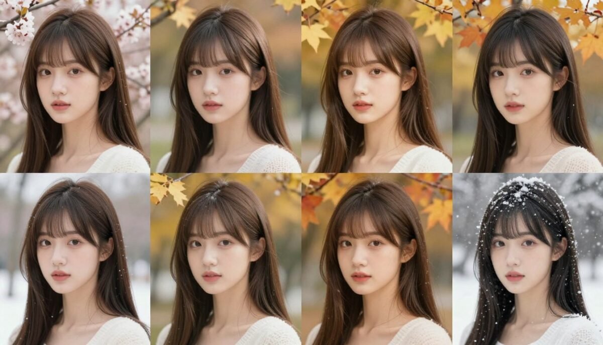 Woman with fine hair and bangs in different seasonal settings