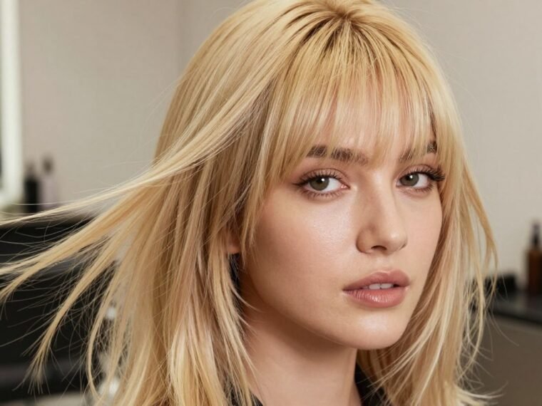 Woman with fine hair and wispy bangs styled with volume