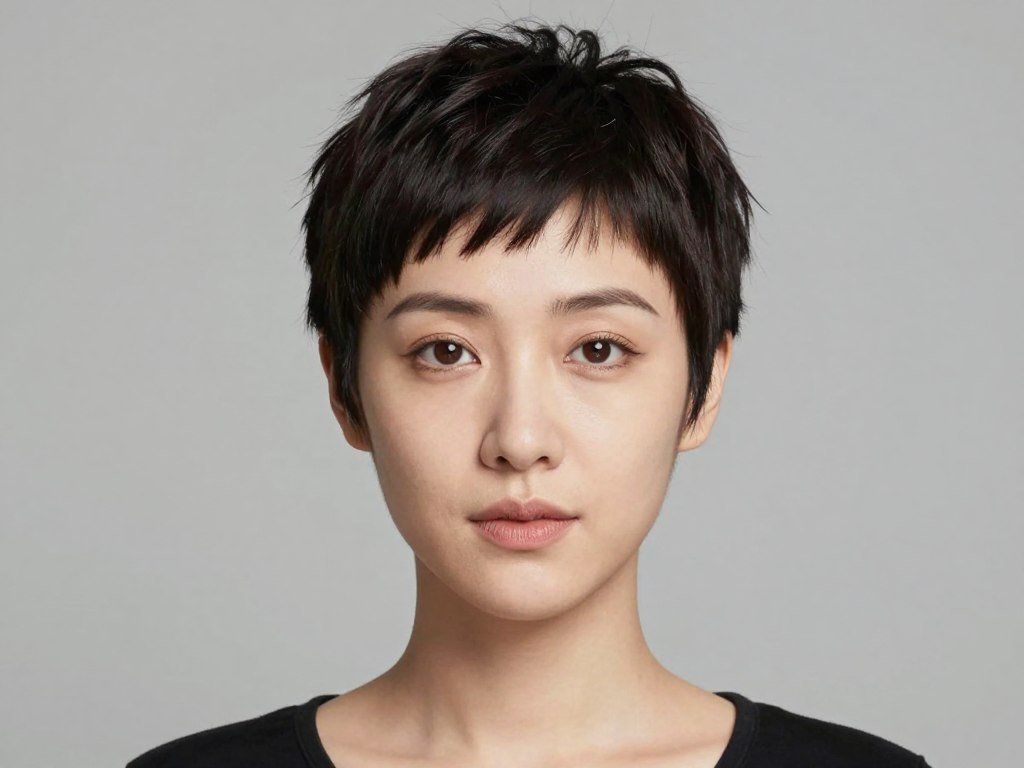 Woman with heart face wearing pixie with side-swept fringe