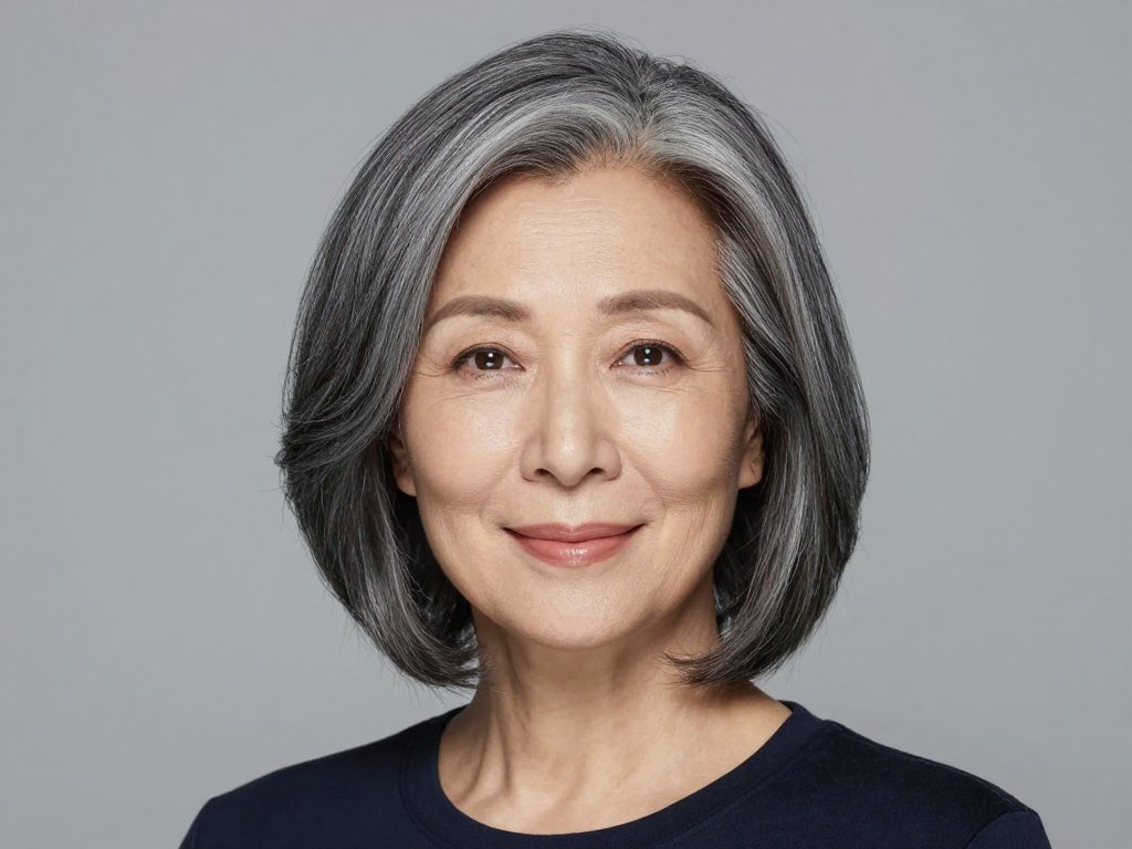 Woman with heart-shaped face in balancing short gray hairstyle