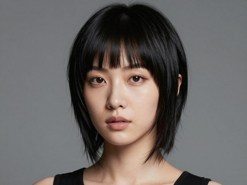 Woman with long face wearing pixie with full fringe