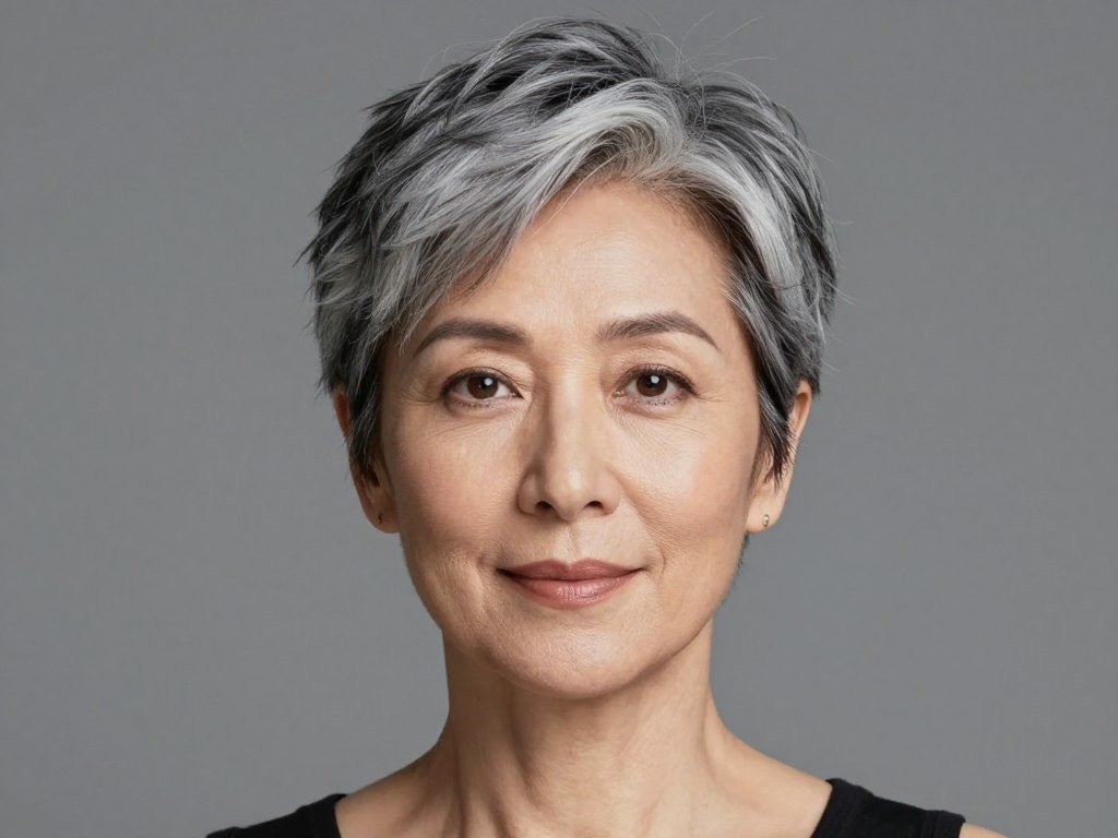 Woman with oval face shape wearing flattering short gray hairstyle