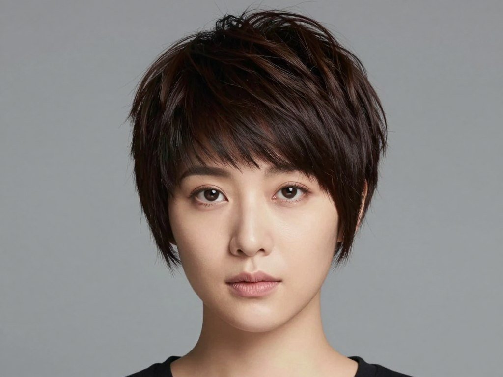 Woman with round face wearing layered pixie with height