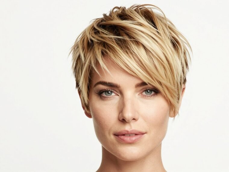 Woman with short pixie haircut showing volume for thin hair
