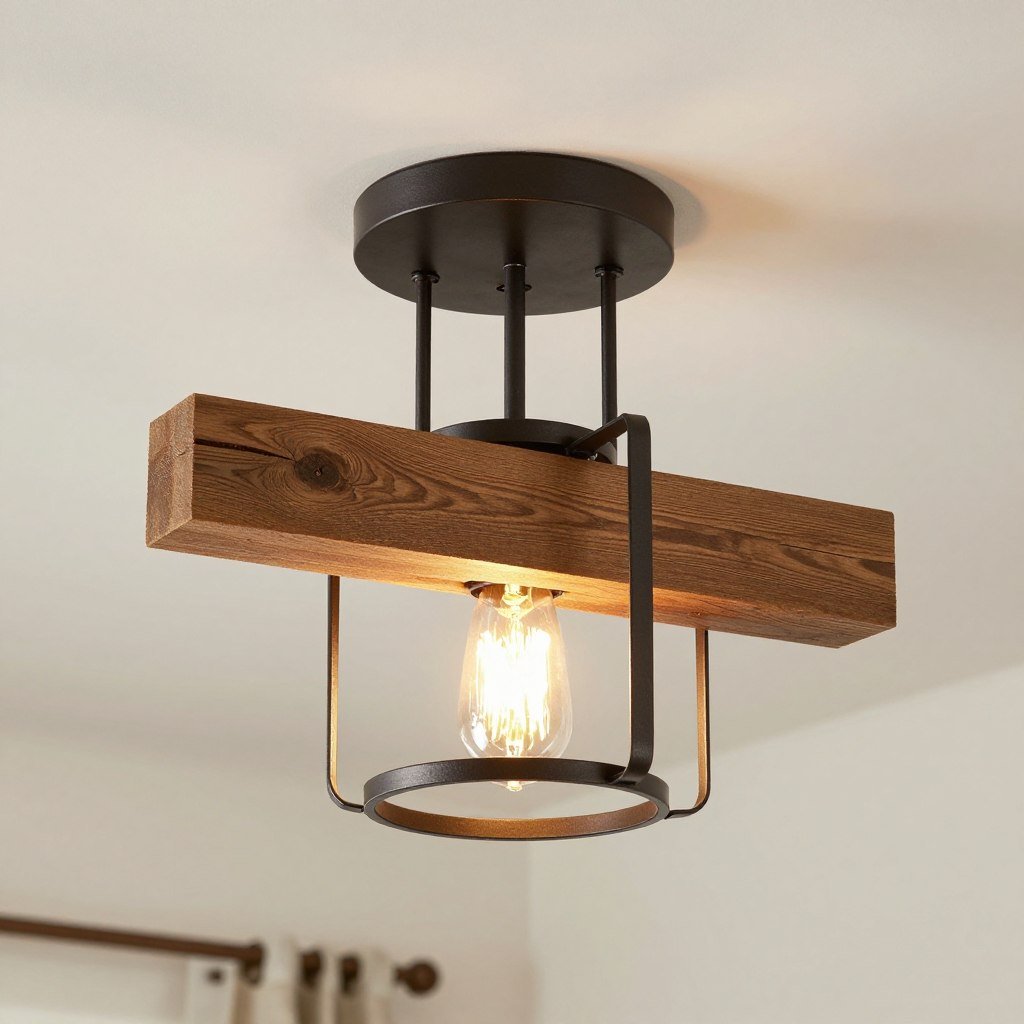 Wood and metal farmhouse flush mount ceiling fixture