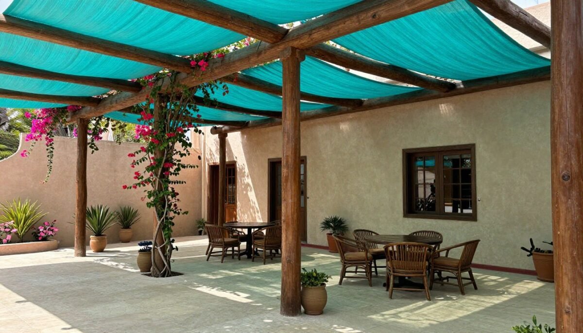 Wooden pergola with draped fabric and climbing plants on Mexican patio