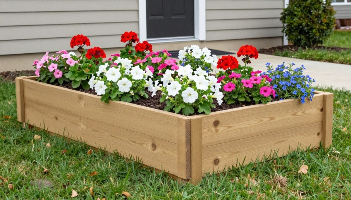 Wooden raised flower bed filled with colorful annuals