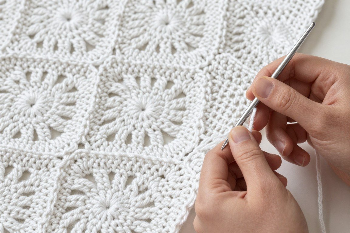 Work in progress showing partially completed Kate's Blessing Blanket on crochet hook