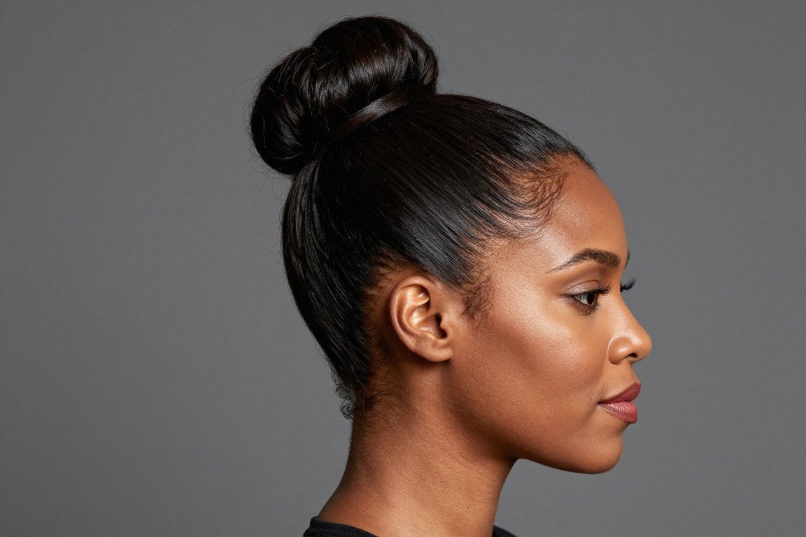Wrapped ponytail bun showing sleek base and elegant wrapping for older Black women