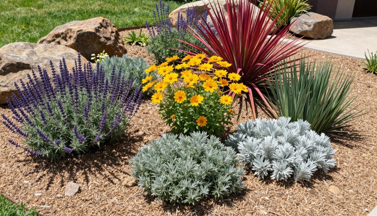 Xeriscape garden with drought-tolerant plants and gravel mulch