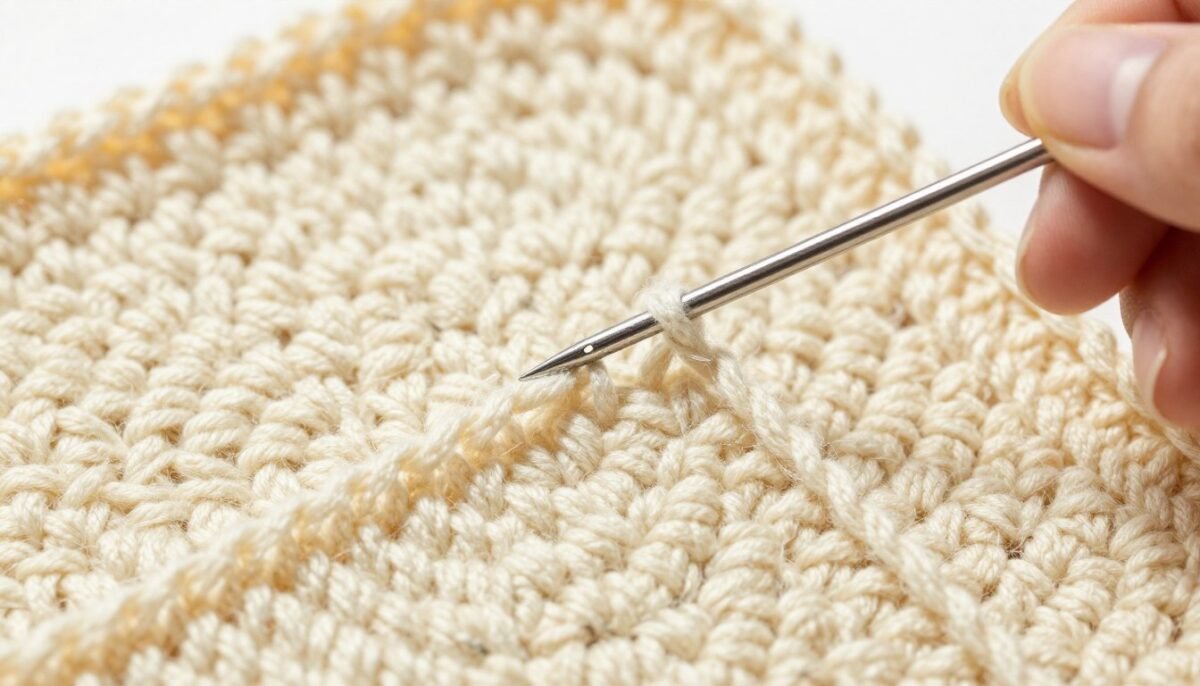 Yarn needle weaving in ends on back of crochet potholder