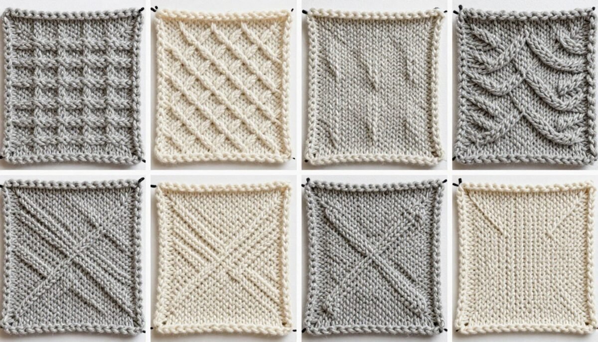 Yarn swatches showing different fiber options knitted in Yngrid Cardigan texture pattern