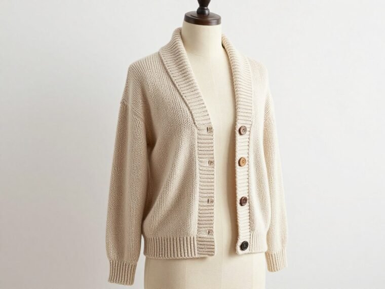 Yngrid Cardigan knitted in neutral yarn displayed on dress form showing chic texture pattern and elegant drape