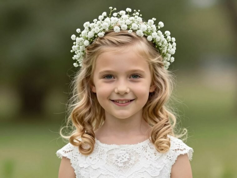 Young flower girl with elegant curled wedding hairstyle adorned with baby's breath flowers