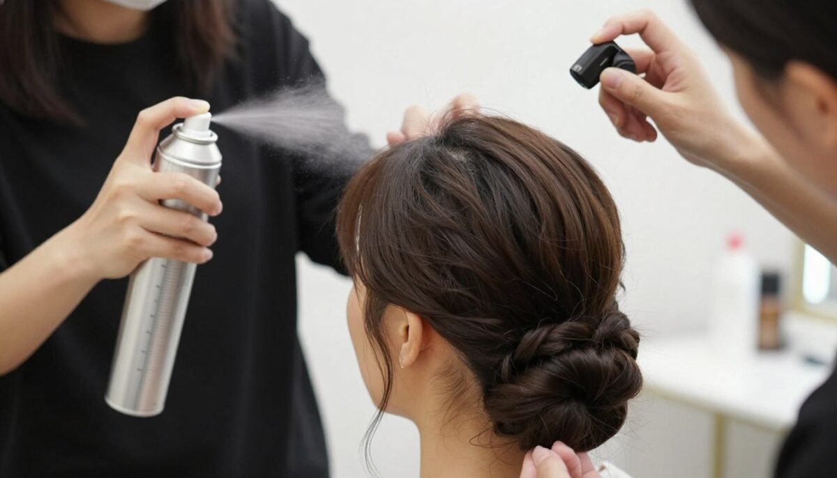 applying finishing hairspray to formal hairstyle for thin hair