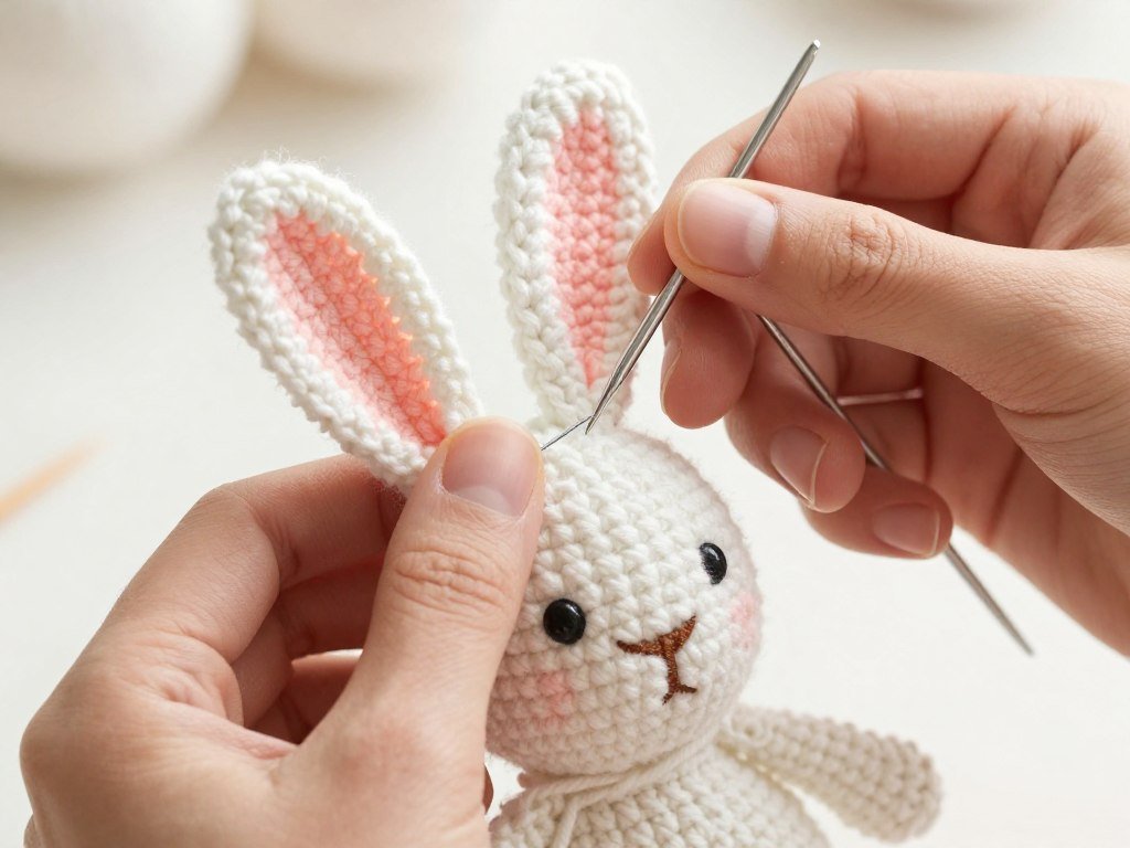 attaching crochet bunny ears to the head