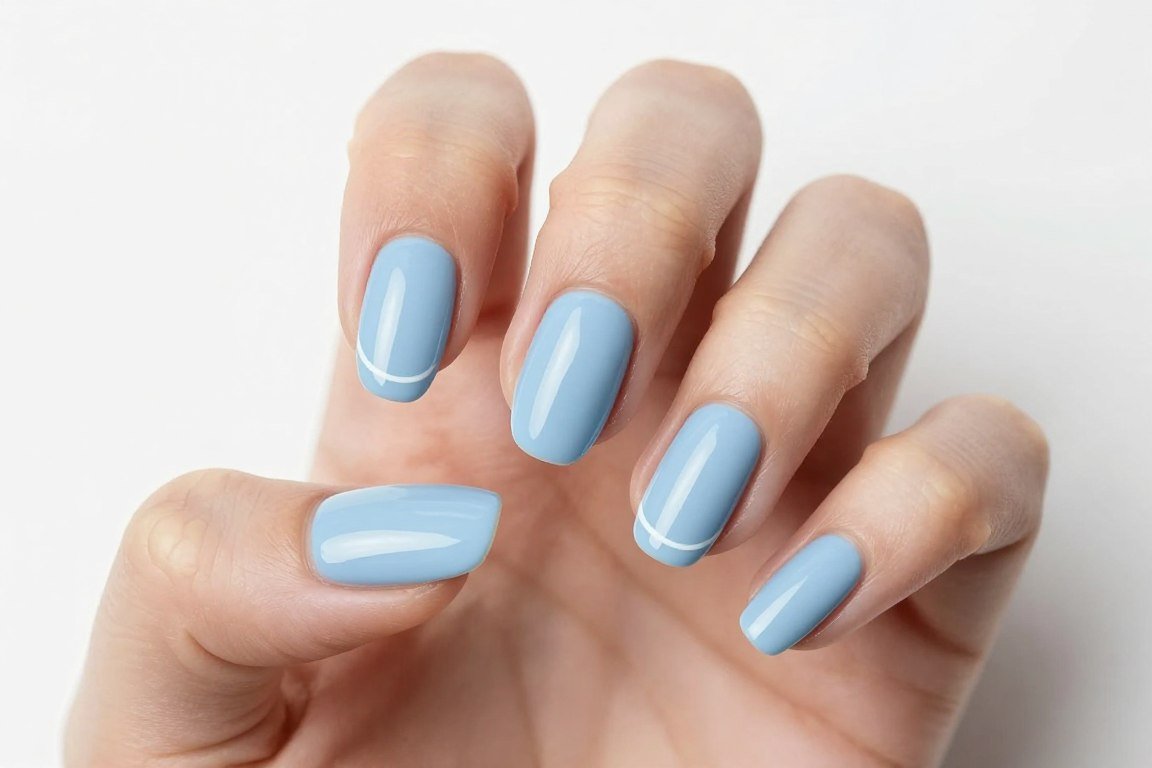 baby blue minimalist nails with simple white details
