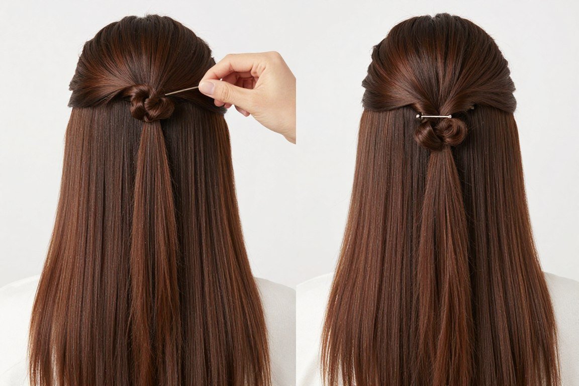 back view of half-up hairstyle showing volume technique on thin hair